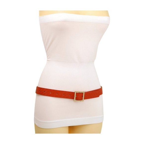 Women Orange Color Basket Weave Skinny Belt Gold Metal Square Buckle Size S M - Picture 17 of 17